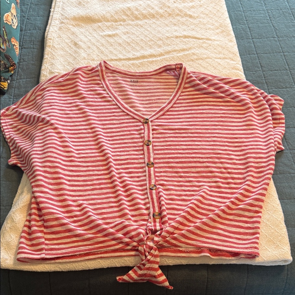 a.n.a Pink and White Striped Button Down Short Sleeve Shirt Large